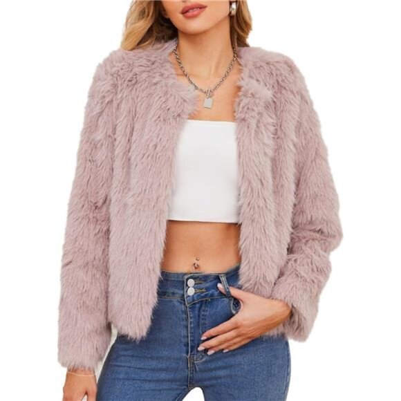 Faux Fur Coats for Women - Cropped Faux Fur Jacket Pink - Picture 1 of 3